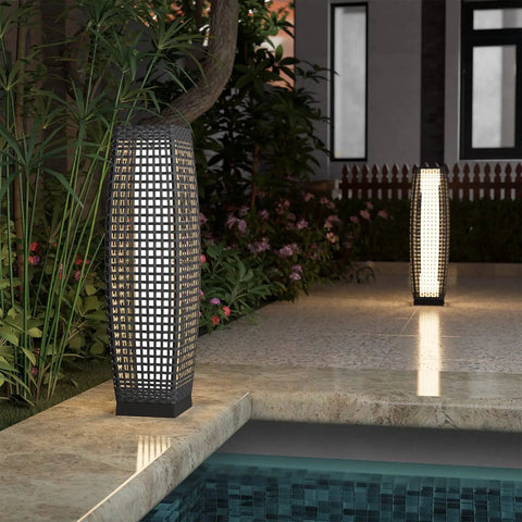 Outdoor Solar Powered Floor Lamp With Weatherproof Wicker Lantern For Garden Or Porch, illuminating a patio near a pool, Silver Gray.