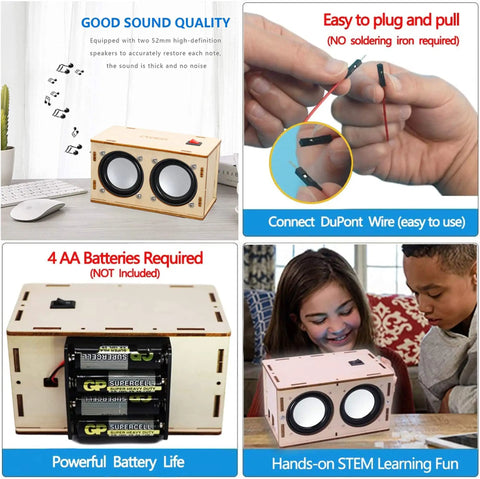 Build Your Own Bluetooth Speaker Kit For Kids And Adults Totally Fun Hands On Science Electronics Project With Dual Speakers Beginner DIY Set And Great Gift For Teens 10 And Up shown in use, assembly, and battery setup.