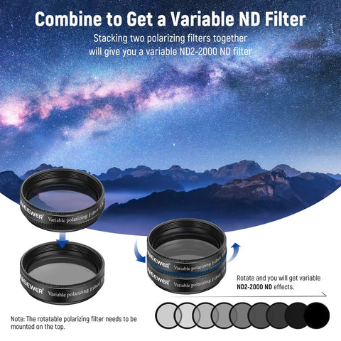 10 Pack 1.25 Inch Telescope Eyepiece Filter Set With Dope Planetary Color Filters Variable Polarizing UHC Lunar And Starglow For Moon Observation And Sick Sky Viewing, showing rotating polarizing filters against a starry night sky.