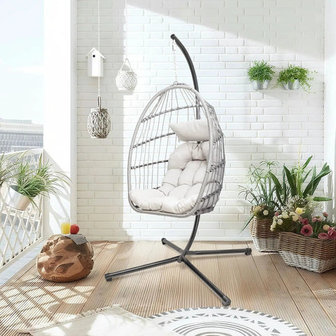 Outdoor Hanging Egg Chair With Stand For Patio And Garden Cozy Weatherproof Wicker Hammock Chair With Plush Cushion And Durable Steel Frame