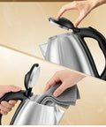 Top and side view of Electric Kettle 2L BPA Free Stainless Steel, Fast Boil, Auto Shut Off showing easy cleaning and open lid features.