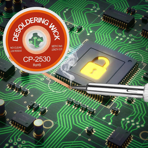 Three Size Copper Desoldering Wick Kit For No Clean Solder Removal 0.08 In 0.10 In 0.12 In showing bronze braid on PCB