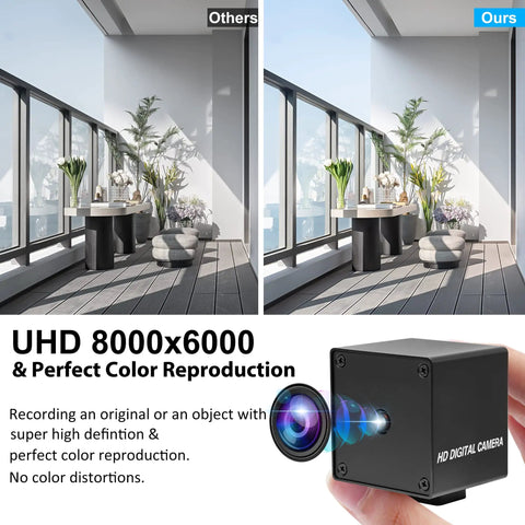 Ultra HD 48MP USB Camera With 8000x6000 Resolution Auto Focus In 200ms Plug And Play UVC Industrial Camera For 3D Printers And Machine Vision Color Accurate High Definition Imaging For Tight Tolerance Work shown next to detailed color reproduction examples on a terrace view.