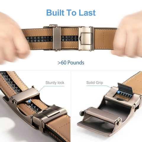 Men's Leather Ratchet Belt With Automatic Buckle No Hole Trim To Fit 36 To 42 Inch Waist showing sturdy lock and solid grip