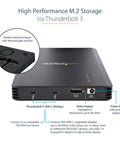 Battle Ready 4 Bay Thunderbolt 3 NVMe SSD Enclosure 40Gbps External Storage Dock With Active Fan Cooling showing ports and ventilation.