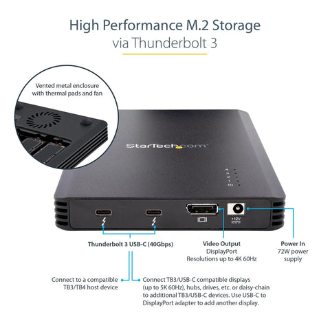 Battle Ready 4 Bay Thunderbolt 3 NVMe SSD Enclosure 40Gbps External Storage Dock With Active Fan Cooling showing ports and ventilation.