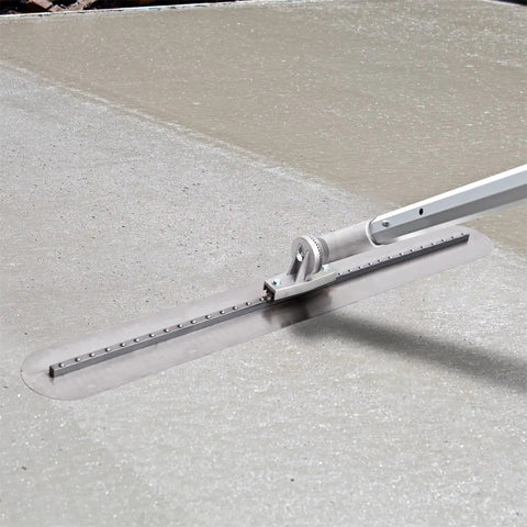 Round End Fresno Concrete Float 36 By 5 Inches, Carbon Steel With Adjustable Thread Bracket in use on wet concrete