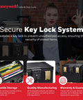Woman showcasing Fireproof And Waterproof No Nonsense Filing Safe Box For Home, highlighting key lock system and secure storage.
