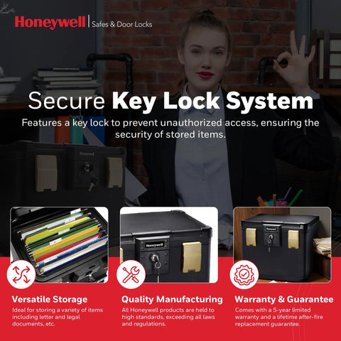 Woman showcasing Fireproof And Waterproof No Nonsense Filing Safe Box For Home, highlighting key lock system and secure storage.