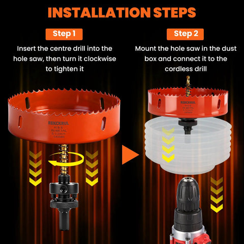 Installation steps for using 38mm One And A Half Inch Beefy Bi Metal Hole Saw With Eight Percent Cobalt HSS M42 Teeth