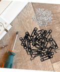 30 Piece Hidden Furniture Connectors Toolless Cabinet Joint Brackets scattered on wood with screws and a screwdriver.