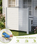 Lightweight PVC Privacy Fence Panels Set 48W By 45.4H Inches in white installed by house with garden, showcasing cleaning feature.