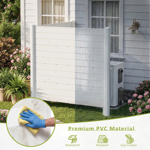 Lightweight PVC Privacy Fence Panels Set 48W By 45.4H Inches in white installed by house with garden, showcasing cleaning feature.