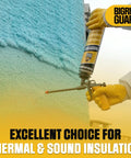 Pro Level Heavy Hitter Closed Cell Spray Foam Insulation Kit With Dependable Trigger Gun and Rapid Dissolve Cleaner 12 Pack applied on wall.