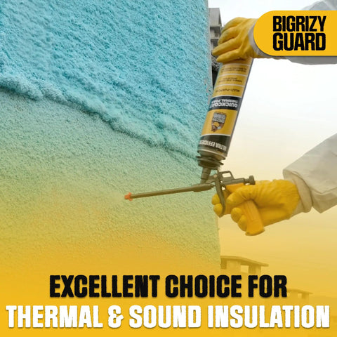 Pro Level Heavy Hitter Closed Cell Spray Foam Insulation Kit With Dependable Trigger Gun and Rapid Dissolve Cleaner 12 Pack applied on wall.