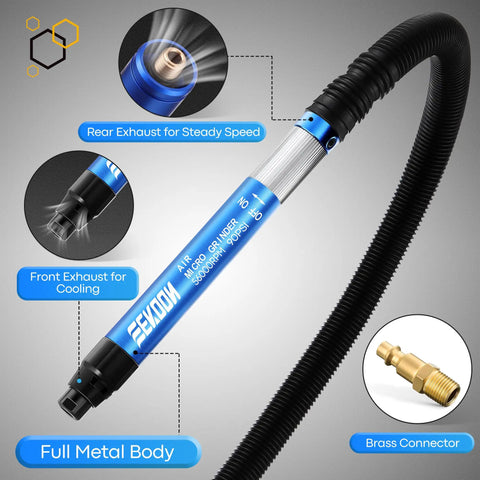 One Eighth Inch Pneumatic Pencil Die Grinder Running Sweet At 56000 Rpm Air Drive For Crushing Burrs And Top Shelf Metal Finishing Rig Built High Precision Handheld Micro Grinding Tool with full metal body and brass connector.