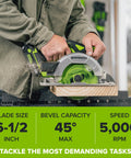 Heavy Duty Brushless Cordless Circular Saw Tool Only Featuring Snappy 24 Volt Battery Power And Knockout Demolition Cutting With Easy Lock Bevel Adjustment For Dependable High Speed Performance, 6-1/2 inch blade in action.