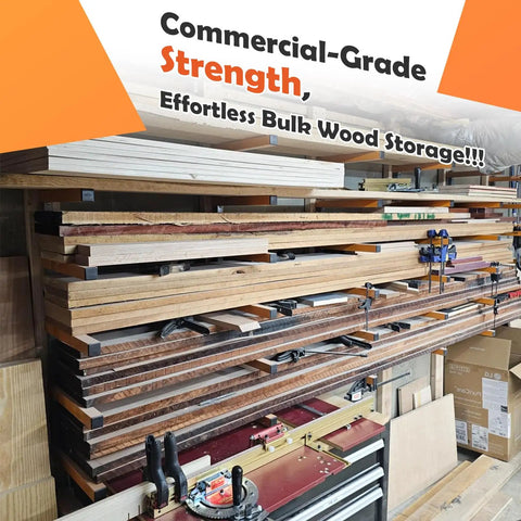 Heavy Duty Wood Organizer Lumber Rack Wall Mount Cantilever Shelves Tough As Nails 3 Level Holds Up To 600 Lbs Indoor Outdoor Garage Woodshop Workshop Storage Rack 4 Pack holding wood planks in a workshop