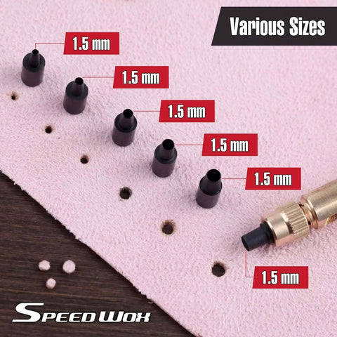Adjustable Leather Hole Punch Tool With Wood Handle And Six Drill Sizes 1.5mm 2mm 2.5mm 3mm 3.5mm 4mm in action on leather
