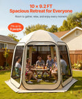 Pop Up Screen House Tent For Four To Eight People 10 By 9.2 Feet Portable Gazebo installed in backyard, seating group inside, beige color.