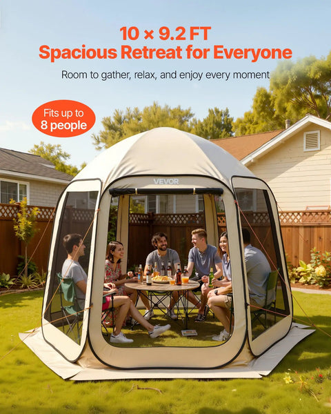 Pop Up Screen House Tent For Four To Eight People 10 By 9.2 Feet Portable Gazebo installed in backyard, seating group inside, beige color.