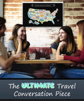 Group in cafe discussing Scratch Off USA Map Wall Decor Kit With Accessories Large 23x16 Hand Drawn Travel Design Laminated For Home Use