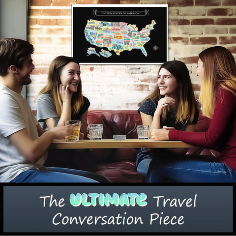 Group in cafe discussing Scratch Off USA Map Wall Decor Kit With Accessories Large 23x16 Hand Drawn Travel Design Laminated For Home Use