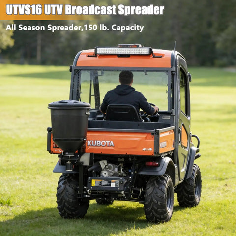UTV Broadcast Spreader For Salt Grass Seed Fertilizer And More With 15 Gallon Hopper Adjustable Flow on orange UTV
