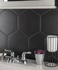 Hex Black Porcelain Tile For Floor And Wall, Textured Glazed Hexagon Tile, Eight And Five Eighths By Nine And Seven Eighths Inches, used as backsplash.