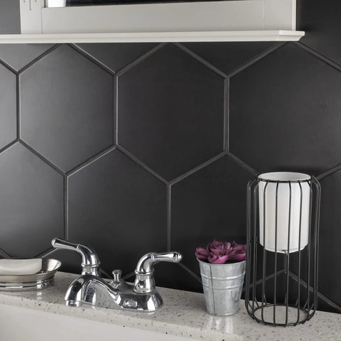 Hex Black Porcelain Tile For Floor And Wall, Textured Glazed Hexagon Tile, Eight And Five Eighths By Nine And Seven Eighths Inches, used as backsplash.
