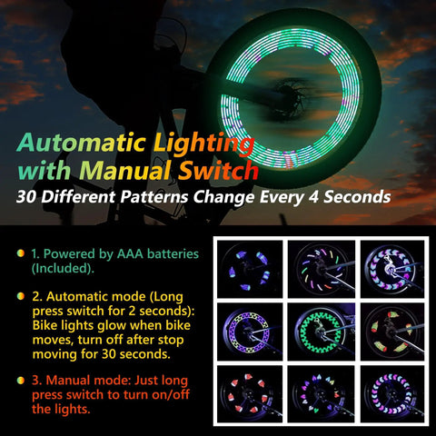 Lit LED Bike Wheel Lights For Night Rides Waterproof Spoke Lights With 28 RGB LEDs and 30 Pattern Modes, bike wheel close-up