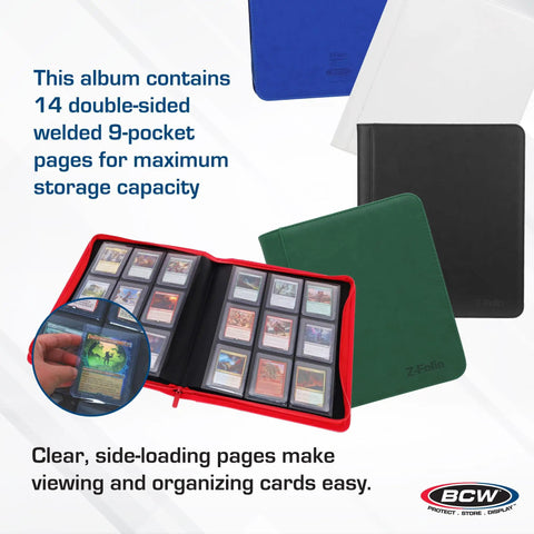 9-Pocket LX Top Loader Binder in Black Leatherette with open red binder displaying card collection, archival-safe pages