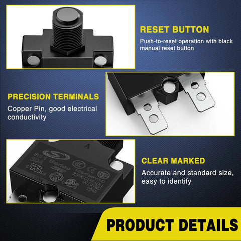 Details of 5 Pack Thermal Circuit Breaker Kit With 5A 10A 15A 20A 30A Ratings, 125 To 250V AC And 65V DC, Push Button Manual Reset Waterproof.