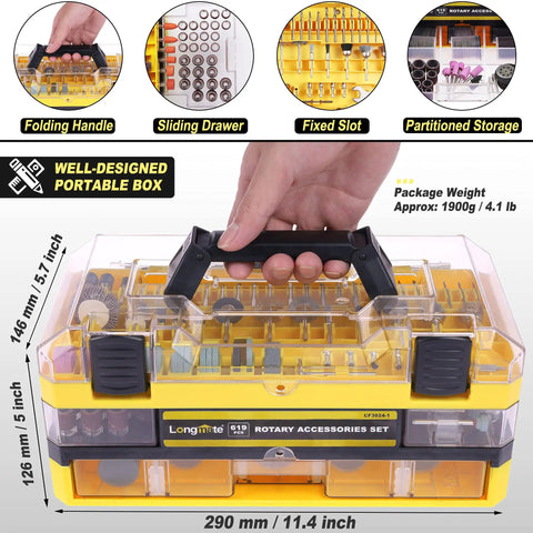 619 Piece Rotary Tool Accessories Kit With One Eighth Inch Shanks case with sliding drawer and folding handle