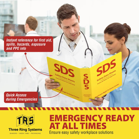 Doctors reviewing bright yellow OSHA Compliant SDS Binder 2 Inch Heavy Duty MSDS Binder Bilingual English Spanish Holds 400 Sheets