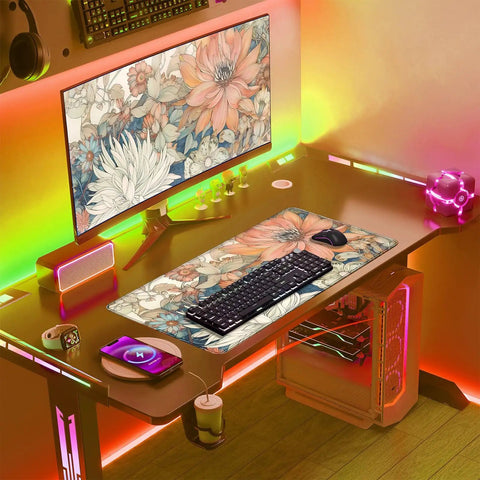 Large Boho Floral Desk Pad 31.5 By 15.7 Inches With Non Slip Rubber Base For Gaming Mouse Keyboard And Laptop Extended Desk Mat For Home Office Decor With Japanese Floral Aesthetic installed on desk