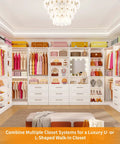Sleek White Corner Closet System With Nine Wooden Drawers And Adjustable Shelves For Spacious Walk In Storage Organizer showcasing various clothing and accessories.