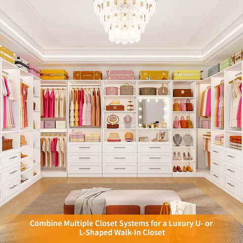Sleek White Corner Closet System With Nine Wooden Drawers And Adjustable Shelves For Spacious Walk In Storage Organizer showcasing various clothing and accessories.