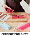 Person using Rectangular Soap Mold Kit With Cutter For DIY Soap Making, 42oz Flexible Silicone Loaf Mold With Wooden Box And Stainless Scrapers