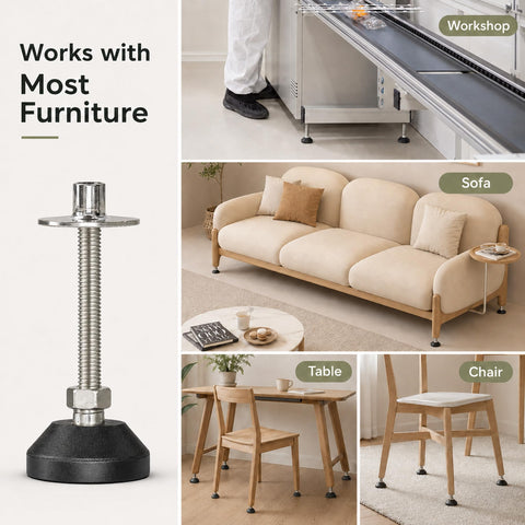 Premium Adjustable Leveling Feet For Uneven Floors 4 Pack M8 X 1.25 Cabinet Legs with a black base used under furniture in a modern setting.