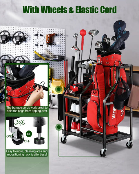 Garage Ready Golf Bag Organizer With Wheels Keeps Your Golf Gear Off The Floor Holds One Standard Bag Plus Clubs Balls Shoes Tees Gloves And Accessories In A Durable Space Saving Rack showcasing golf clubs and accessories on wheeled rack.