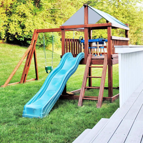 52 By 90 Inches Swing Set Replacement Canopy Tarp For Playgrounds And Backyards, Premium 300D Polyester With PU Coating, UV Protection And Waterproof Shade Screen In Brown And White over wooden playset with slide.