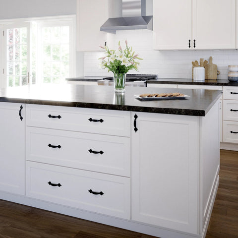 Kitchen island with Matte Black Cabinet Handles Five Pack Three And A Half Inch Center To Center Classic Pulls on white drawers