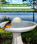 Bird Bath Water Circulator Pump For Outdoor Use, Battery Powered Water Agitator creating ripples in a bird bath attracting birds