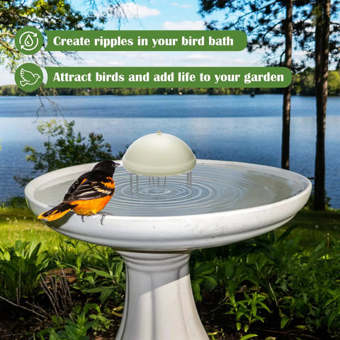 Bird Bath Water Circulator Pump For Outdoor Use, Battery Powered Water Agitator creating ripples in a bird bath attracting birds