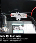 8 Gauge Power Wire 1ft With 100 AGU Fuse Holder installed in car showing oxygen free copper wire and EverStart battery