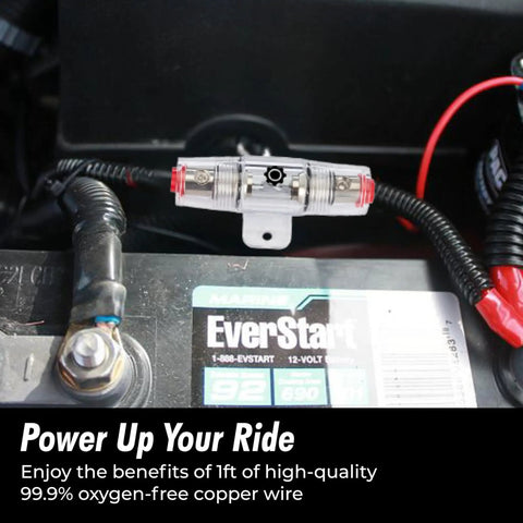 8 Gauge Power Wire 1ft With 100 AGU Fuse Holder installed in car showing oxygen free copper wire and EverStart battery