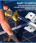 Worker installing solar panel with drill and 12 Pack Aluminum Solar Panel Mid Clamps 1.06 Inch For Secure Mounting displayed