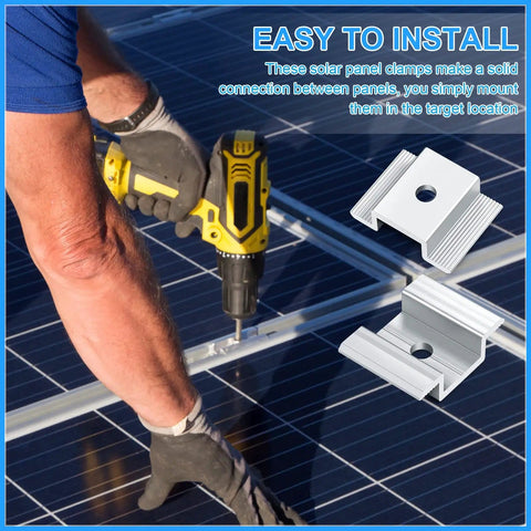 Worker installing solar panel with drill and 12 Pack Aluminum Solar Panel Mid Clamps 1.06 Inch For Secure Mounting displayed