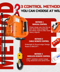 Front view of orange 3-in-1 electric hoist winch with manual control, wired remote, and wireless remote controls